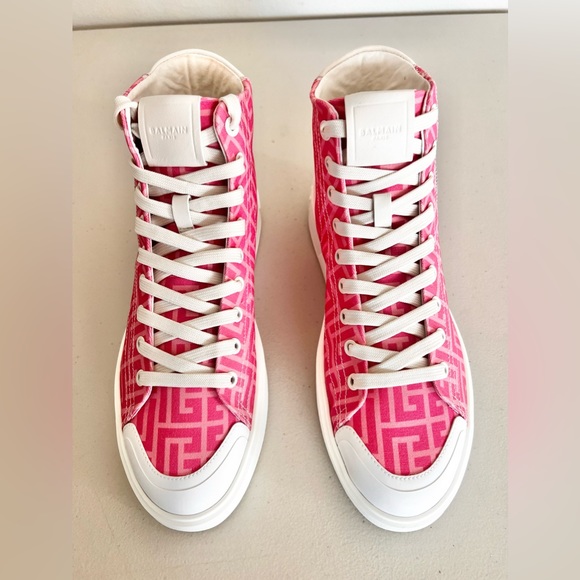 NIB Balmain X Barbie Pink Sneakers EU 40 US 10 Women’s High Top Lace Up B Court - Picture 3 of 10
